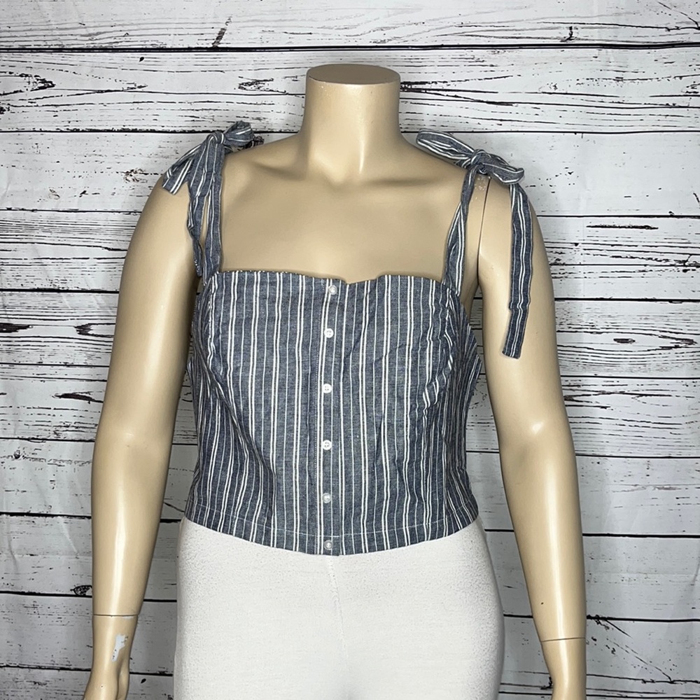 Forever 21+ Size 3X Blue & White Stripe Linen Flax Blend Tie Strap Crop Tank Top